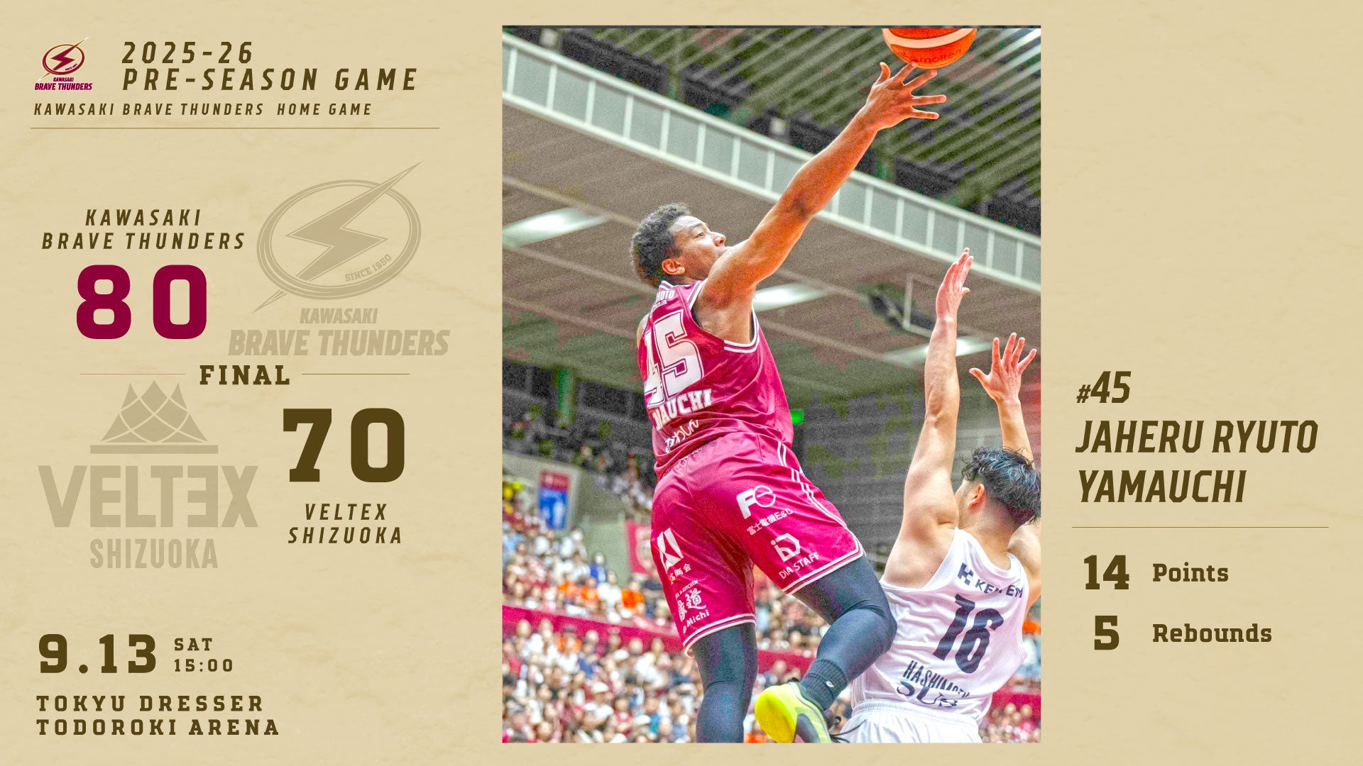 2025-26 プレシーズンゲーム 川崎 80-70 静岡 | 川崎ブレイブサンダース